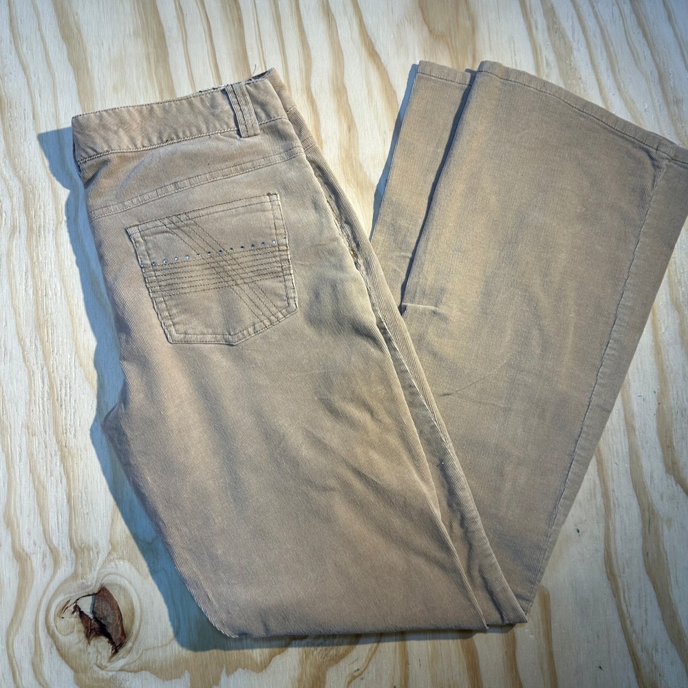 Plugg Jeans Womens 9 Tan Corduroy Flare Pants Y2K Rhinestone Low Rise